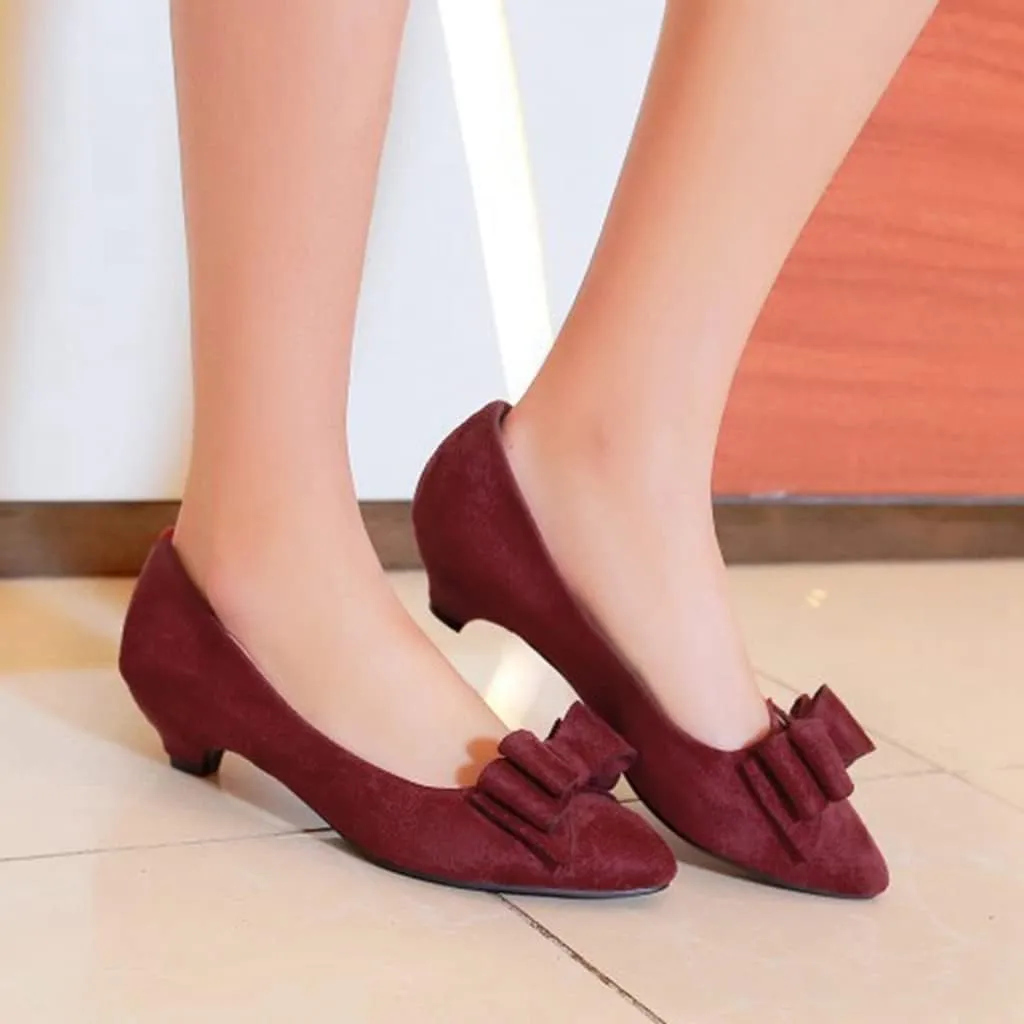 MIOKE Women's Pointed Toe Bowknot Comfy Kitten Low Heel Pumps Suede Slip On Loafer Casual Office Dress Shoes
