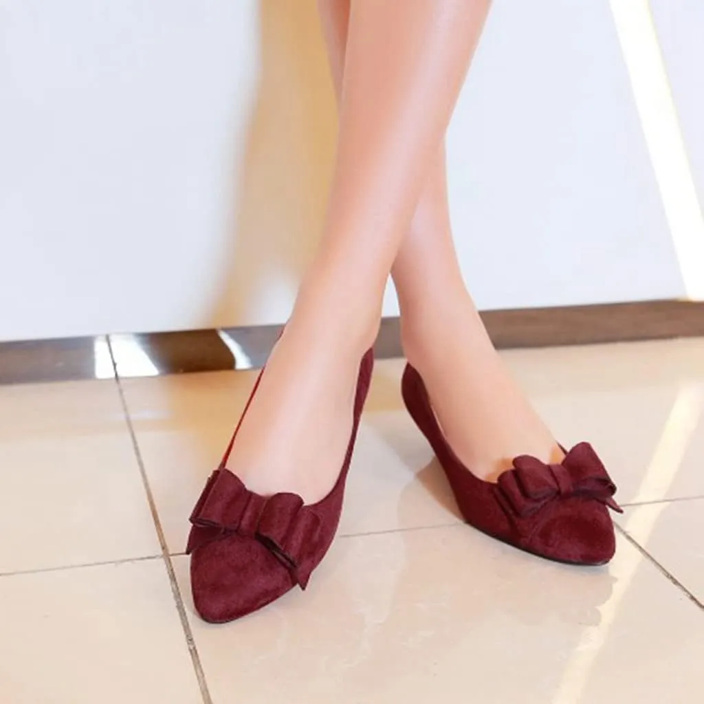 MIOKE Women's Pointed Toe Bowknot Comfy Kitten Low Heel Pumps Suede Slip On Loafer Casual Office Dress Shoes