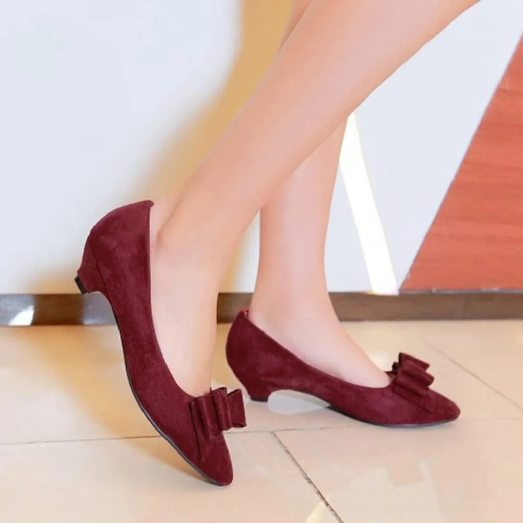 MIOKE Women's Pointed Toe Bowknot Comfy Kitten Low Heel Pumps Suede Slip On Loafer Casual Office Dress Shoes