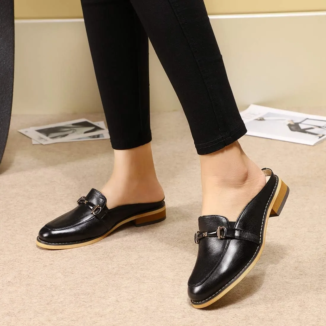 Mona flying Women Leather Mules Shoes Backless Slip On Loafer Low Heel Flats Summer Slide