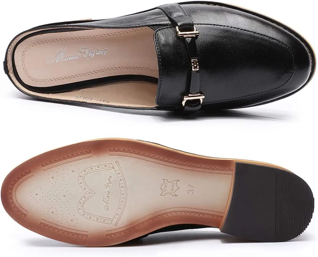Mona flying Women Leather Mules Shoes Backless Slip On Loafer Low Heel Flats Summer Slide