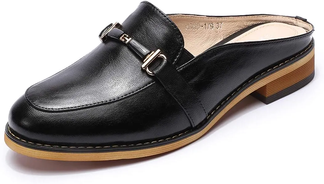 Mona flying Women Leather Mules Shoes Backless Slip On Loafer Low Heel Flats Summer Slide