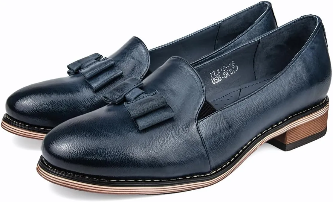 Mona flying Women's Leather Bow Penny Loafer Business Casual Slip on Flat Office Work Shoes for Ladies