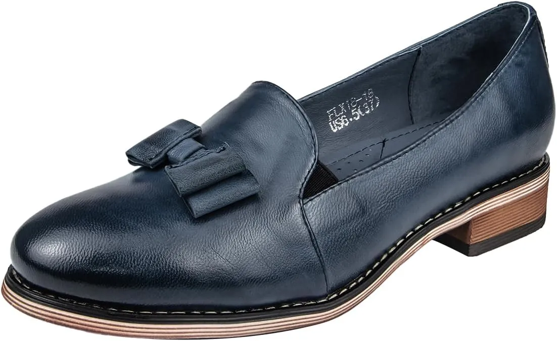 Mona flying Women's Leather Bow Penny Loafer Business Casual Slip on Flat Office Work Shoes for Ladies