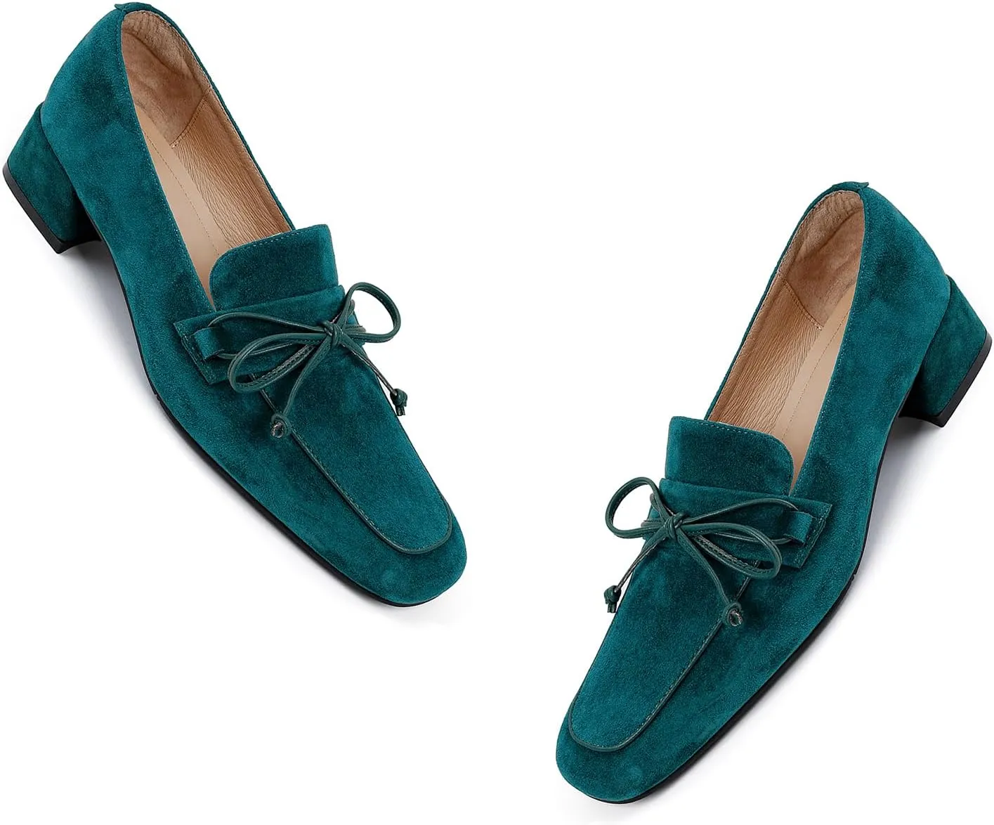 MOOMMO Women Chunky Low Heel Loafers Bow Suede Slip On Closed Square Toe Loafer Shoes Oxfords Comfy 1 Inch Block Heels Dress Shoes Pumps Office Work Pumps Vintage Retro Comfy 4-11 M US