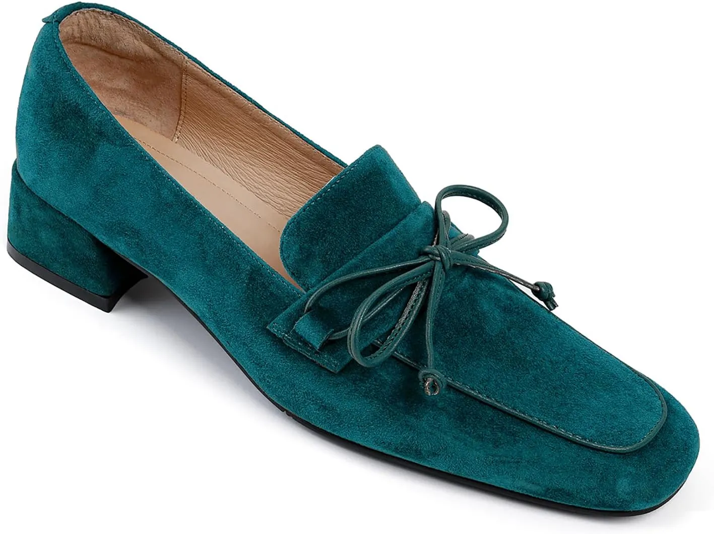 MOOMMO Women Chunky Low Heel Loafers Bow Suede Slip On Closed Square Toe Loafer Shoes Oxfords Comfy 1 Inch Block Heels Dress Shoes Pumps Office Work Pumps Vintage Retro Comfy 4-11 M US
