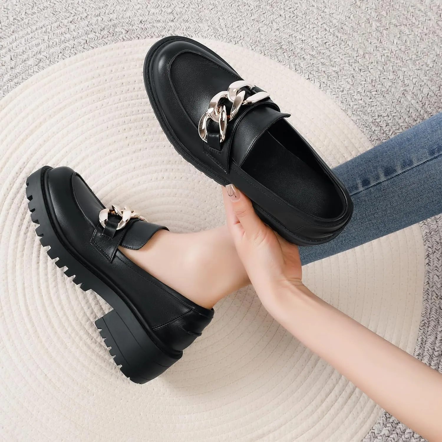 Mostrin Platform Loafers for Women with Chain Slip On Round Toe Chunky Loafer Shoes Penny Casual Lug Sole Business Shoes