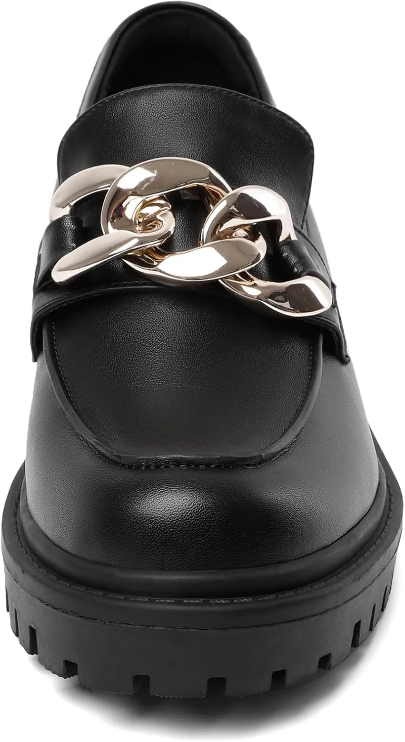Mostrin Platform Loafers for Women with Chain Slip On Round Toe Chunky Loafer Shoes Penny Casual Lug Sole Business Shoes