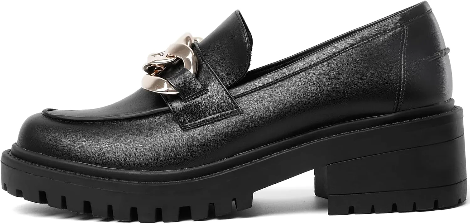 Mostrin Platform Loafers for Women with Chain Slip On Round Toe Chunky Loafer Shoes Penny Casual Lug Sole Business Shoes