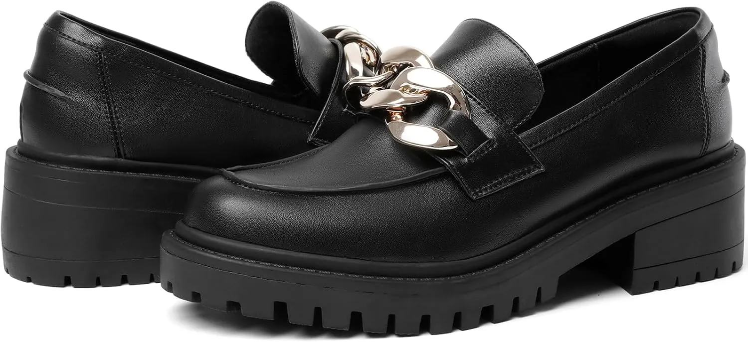Mostrin Platform Loafers for Women with Chain Slip On Round Toe Chunky Loafer Shoes Penny Casual Lug Sole Business Shoes