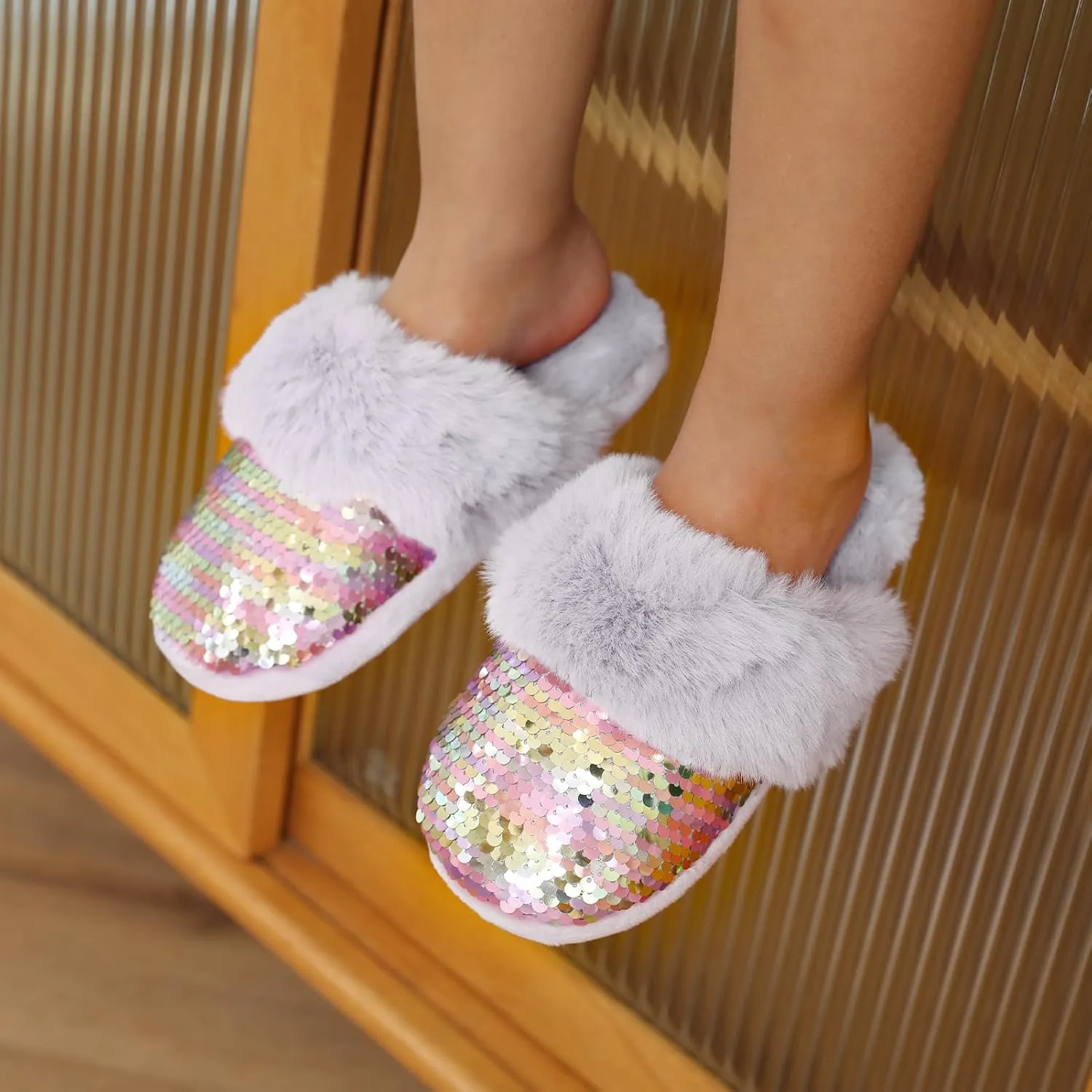 Orthoshoes Girls Fluffy Slippers,Faux Fur Fuzzy Slip-on House Slippers Clog Memory Foam House Shoes with Ribbon Bow for Girls Bedroom Indoor