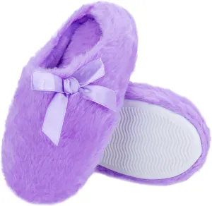 Orthoshoes Girls Fluffy Slippers,Faux Fur Fuzzy Slip-on House Slippers Clog Memory Foam House Shoes with Ribbon Bow for Girls Bedroom Indoor