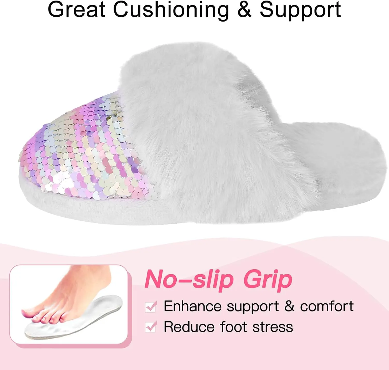 Orthoshoes Girls Fluffy Slippers,Faux Fur Fuzzy Slip-on House Slippers Clog Memory Foam House Shoes with Ribbon Bow for Girls Bedroom Indoor