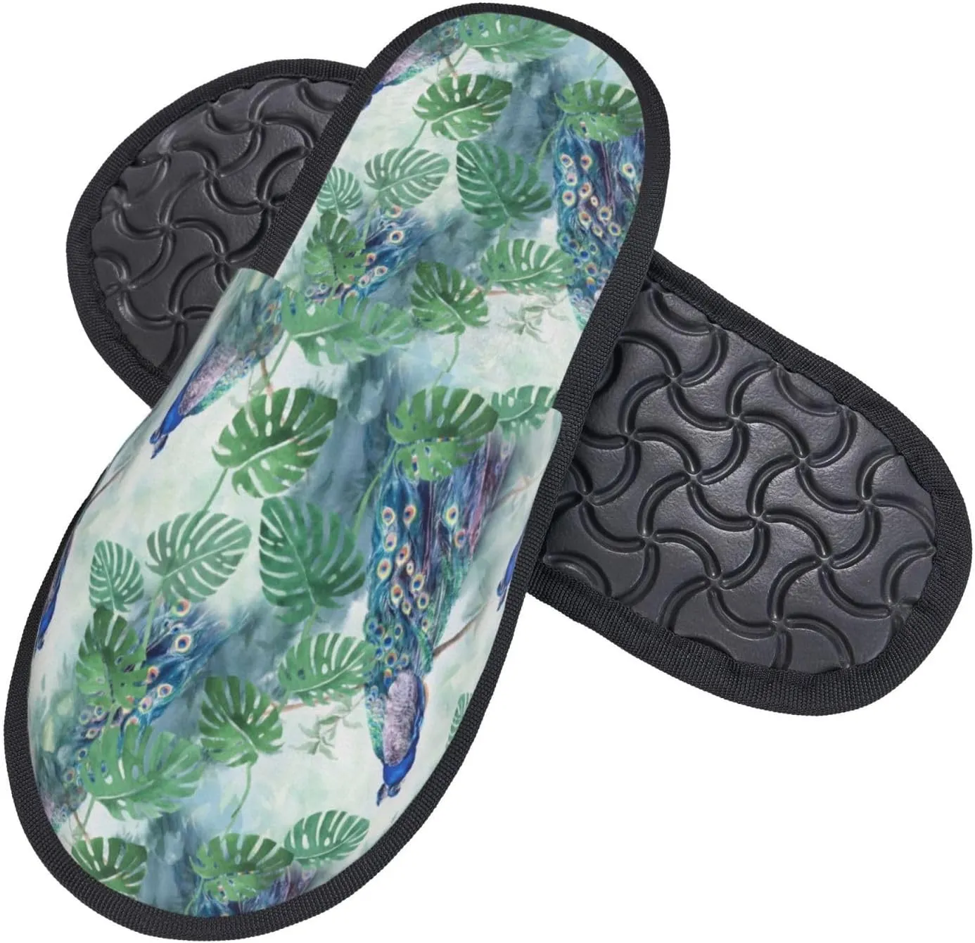 Palmetto Leaf Peacock House Slippers for Women Men Winter Spa Slippers Indoor Soft Home Shoes Non Slip Memory Foam Slipper for Hotel Bedroom Travel