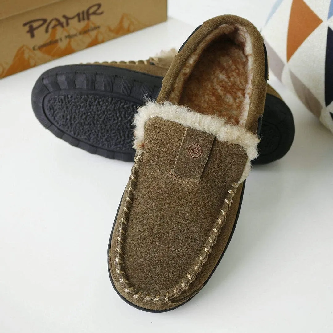 PAMIR Men's Genuine Suede Faux Fur Moccasin Slippers Indoor Outdoor Loafer Shoes
