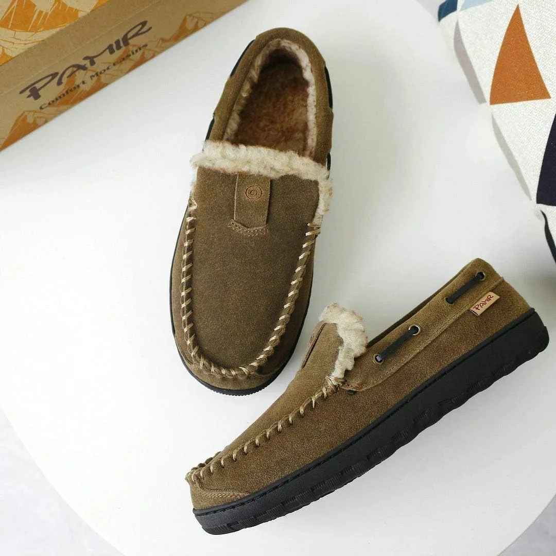 PAMIR Men's Genuine Suede Faux Fur Moccasin Slippers Indoor Outdoor Loafer Shoes
