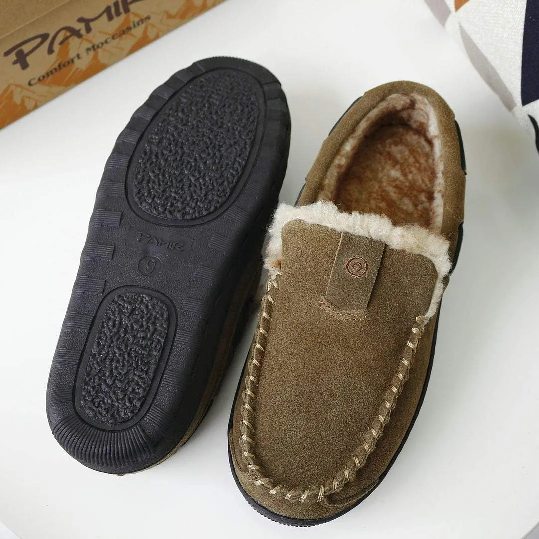 PAMIR Men's Genuine Suede Faux Fur Moccasin Slippers Indoor Outdoor Loafer Shoes