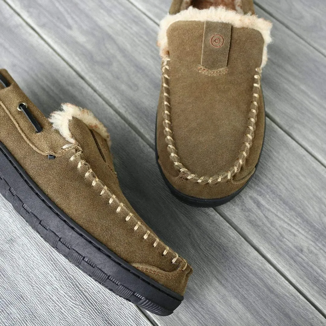 PAMIR Men's Genuine Suede Faux Fur Moccasin Slippers Indoor Outdoor Loafer Shoes