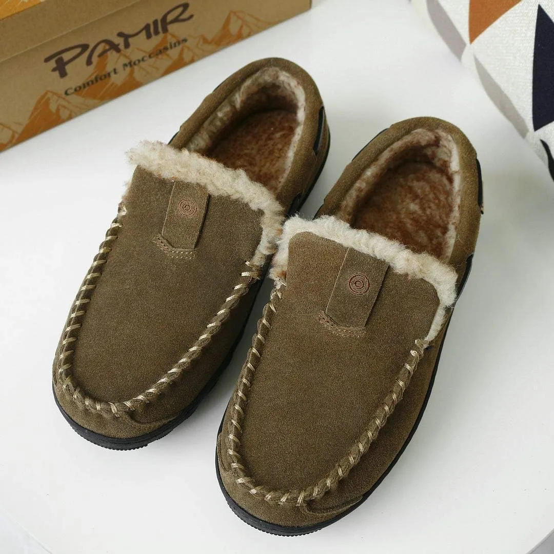 PAMIR Men's Genuine Suede Faux Fur Moccasin Slippers Indoor Outdoor Loafer Shoes
