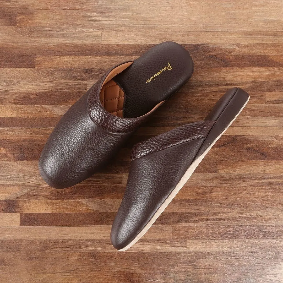 PAMIR Mens Premium textured Leather House Slippers with Memory Foam