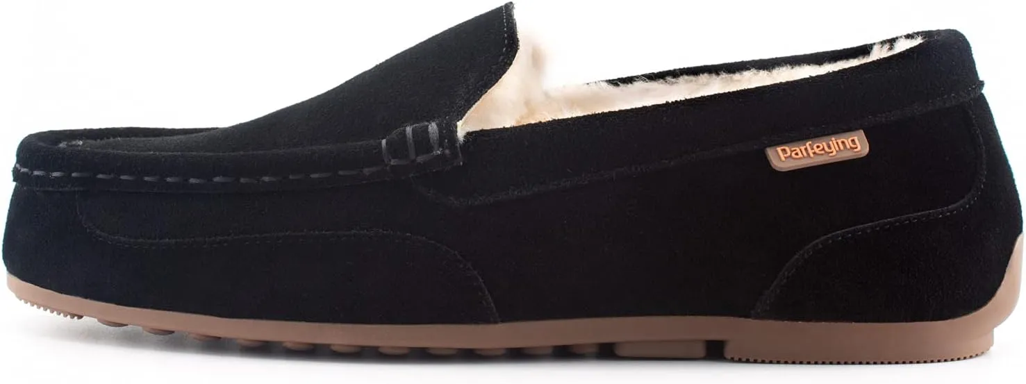 Parfeying Men's Indoor Outdoor Sheepskin Moccasins Slippers Memory Foam Driving Style Shoes