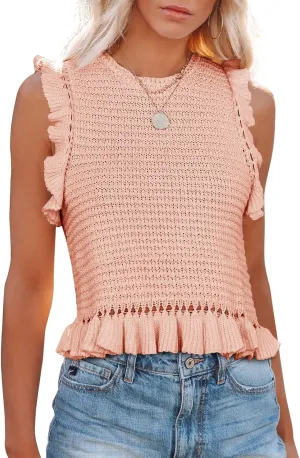 PiePieBuy Women's Summer Knit Tank Tops Crew Neck Sleeveless Cami Shirts Tees Ruffle Sweater Vest
