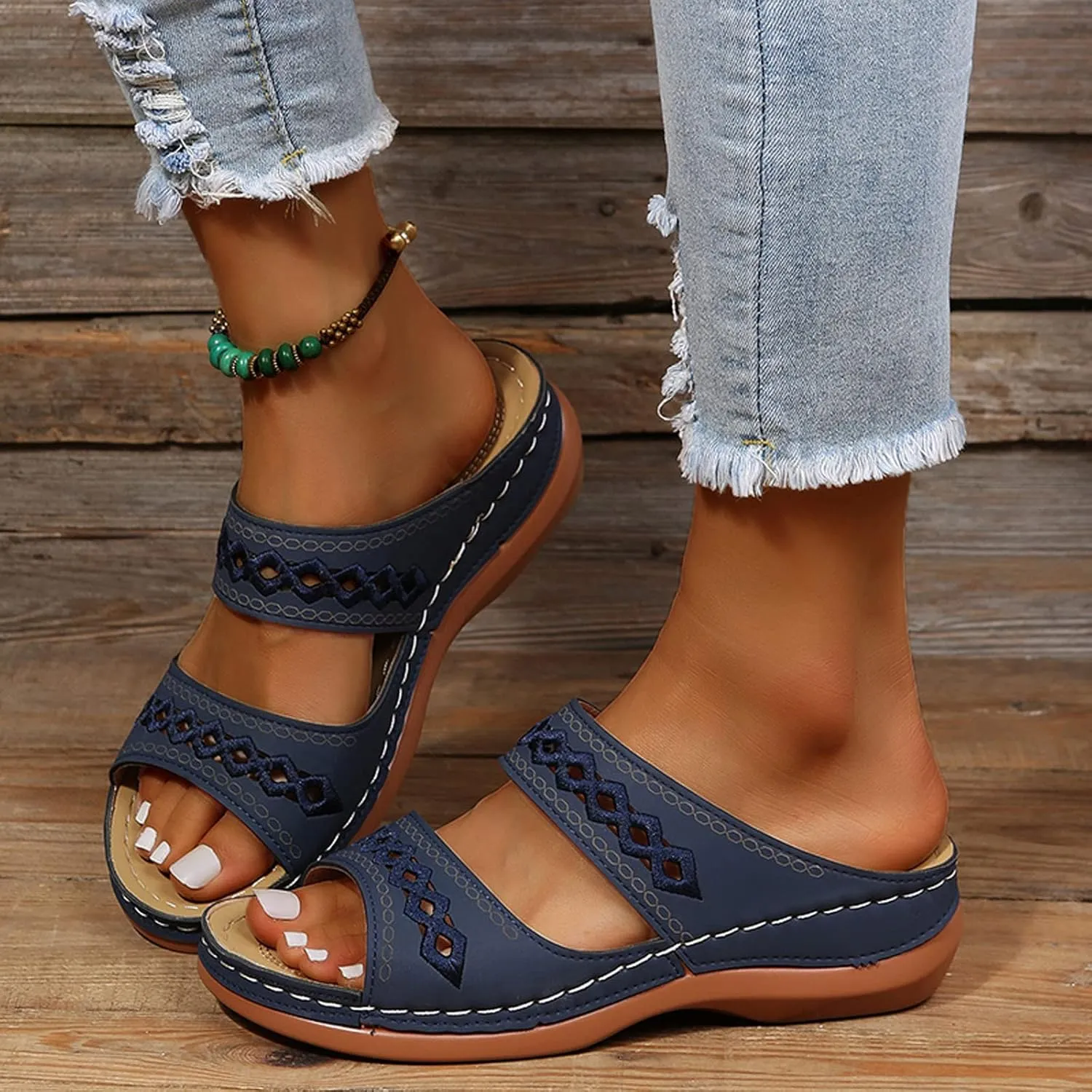 Plantar Fasciitis Sandals Women Memory Foam Womens Orthopedic Walking Shoes Black Flat Sandals for Women Arch Support Slides for Women Extra Wide Womens Sandals Planter Fasciitis Sandals for Women