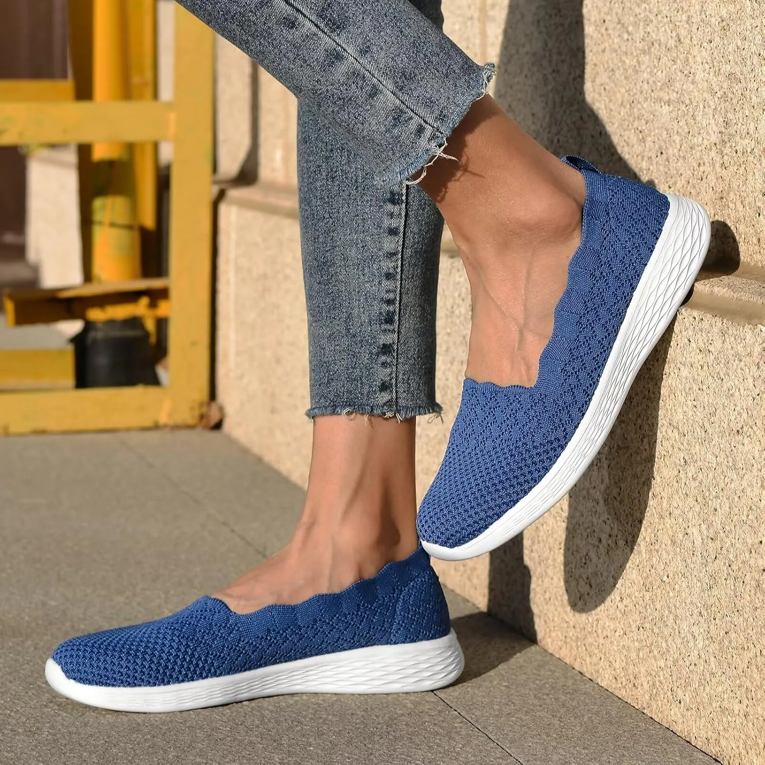 poemlady Women's Slip on Loafer Shoes - Mesh Casual Ballet Flat Nurse Walking Sneakers Knit Round Toe Memory Foam Casual Shoes