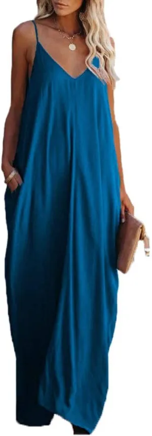 Poetsky Womens Casual Strappy V Neck Sleeveless Flowy Pockets Loose Long Maxi Beach Dress Sundress
