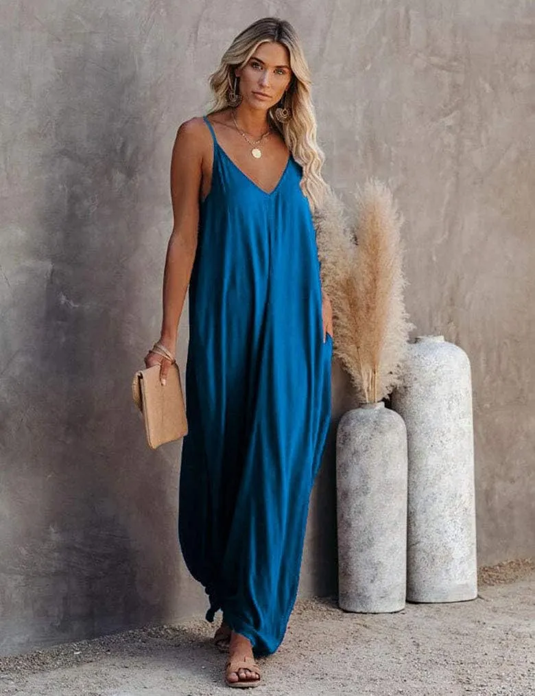 Poetsky Womens Casual Strappy V Neck Sleeveless Flowy Pockets Loose Long Maxi Beach Dress Sundress