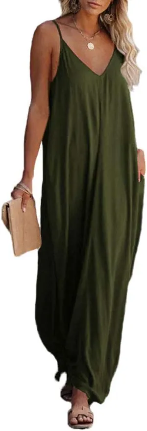 Poetsky Womens Casual Strappy V Neck Sleeveless Flowy Pockets Loose Long Maxi Beach Dress Sundress