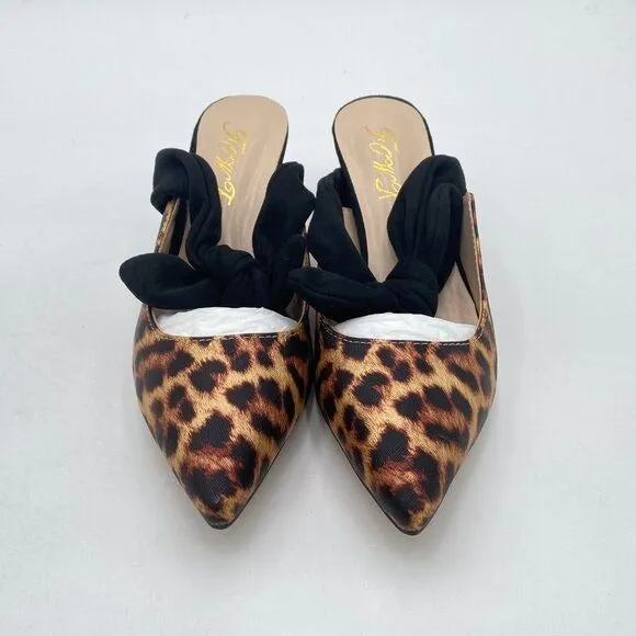 Pointed Toe Slip On Mules with Bow, Low Kitten Heel Backless Burnished Dress