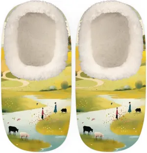 QsirBC Prairie Sheep Landscape Slippers for Women Men Soft Memory Foam Slippers Non-Slip Soles Indoor Outdoor Cozy Fuzzy Warm Slippers
