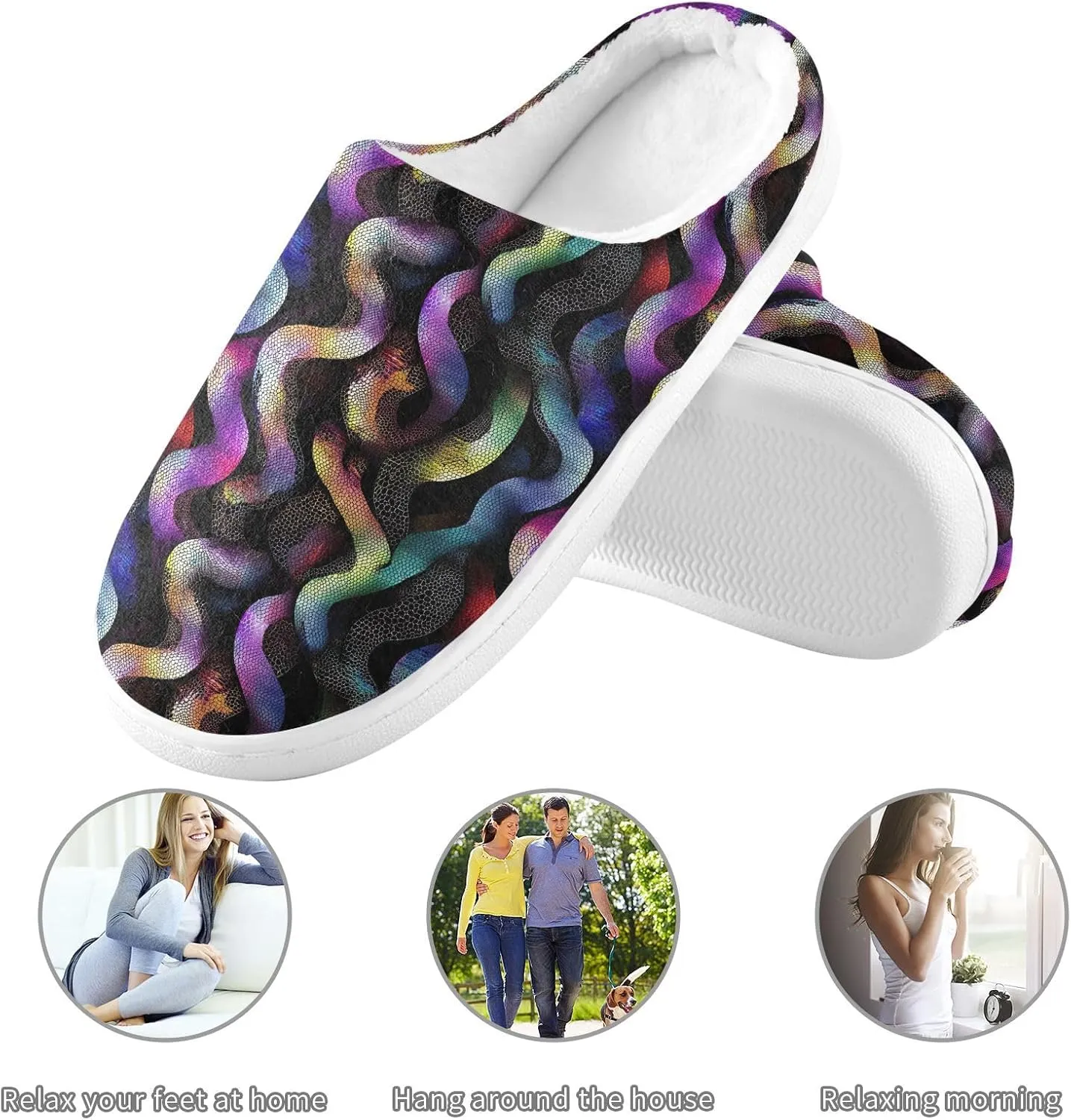 Rainbow Pastel Black Snakes Slippers for Women Men Indoor Slippers Memory Foam Fuzzy Slippers House Shoes for Indoor Outdoor Size 6/7 214B7155