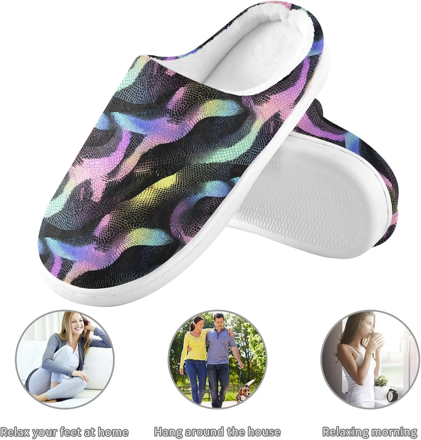 Rainbow Pastel Black Snakes Slippers for Women Men Indoor Slippers Memory Foam Fuzzy Slippers House Shoes for Indoor Outdoor Size 6/7 214B7156