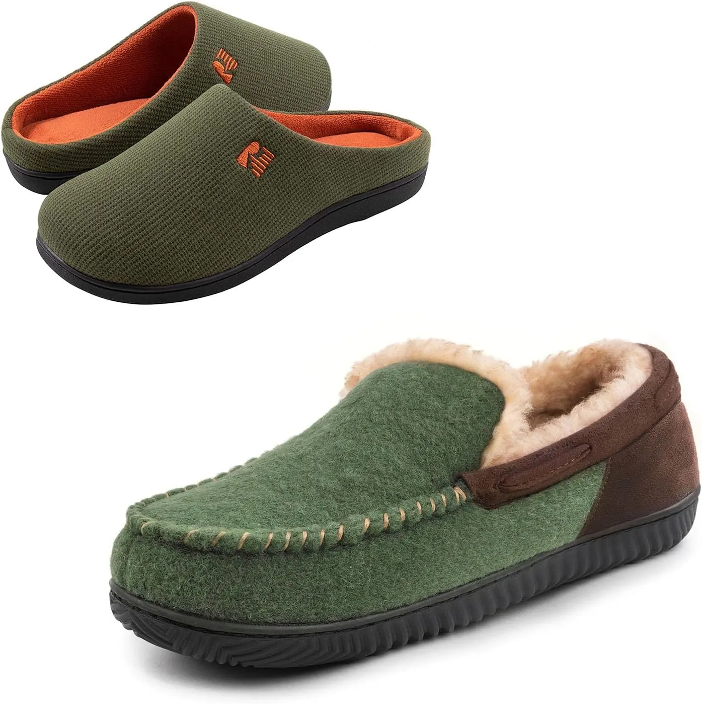 RockDove Set of 2 Pairs - US Size 11, Men's Original Two-Tone Memory Foam Slipper (Hunter Green) Men's Hearthfire Memory Foam Moc Slipper (Emerald)