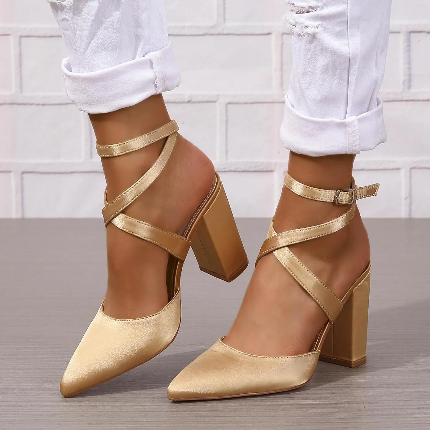 SACFOF Women's Closed Pointed Toe Crisscross High Chunky Heels Pumps Ankle Strap Dress Shoes for Wedding Office Party