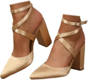 SACFOF Women's Closed Pointed Toe Crisscross High Chunky Heels Pumps Ankle Strap Dress Shoes for Wedding Office Party