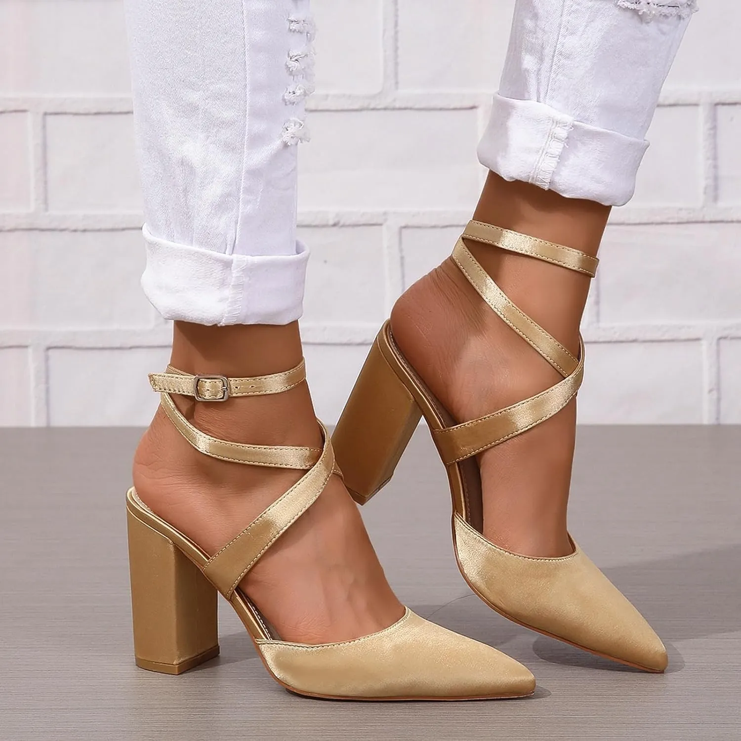 SACFOF Women's Closed Pointed Toe Crisscross High Chunky Heels Pumps Ankle Strap Dress Shoes for Wedding Office Party
