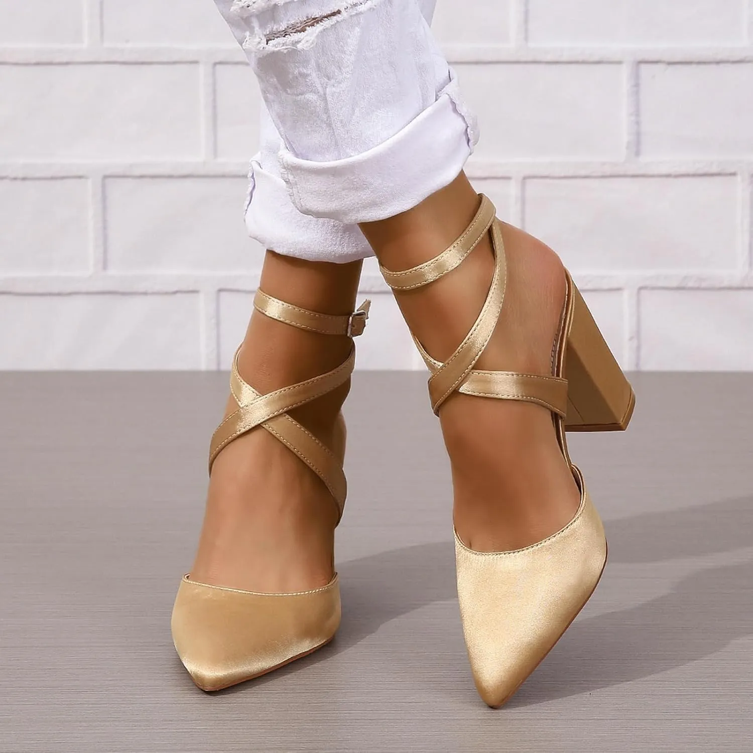 SACFOF Women's Closed Pointed Toe Crisscross High Chunky Heels Pumps Ankle Strap Dress Shoes for Wedding Office Party