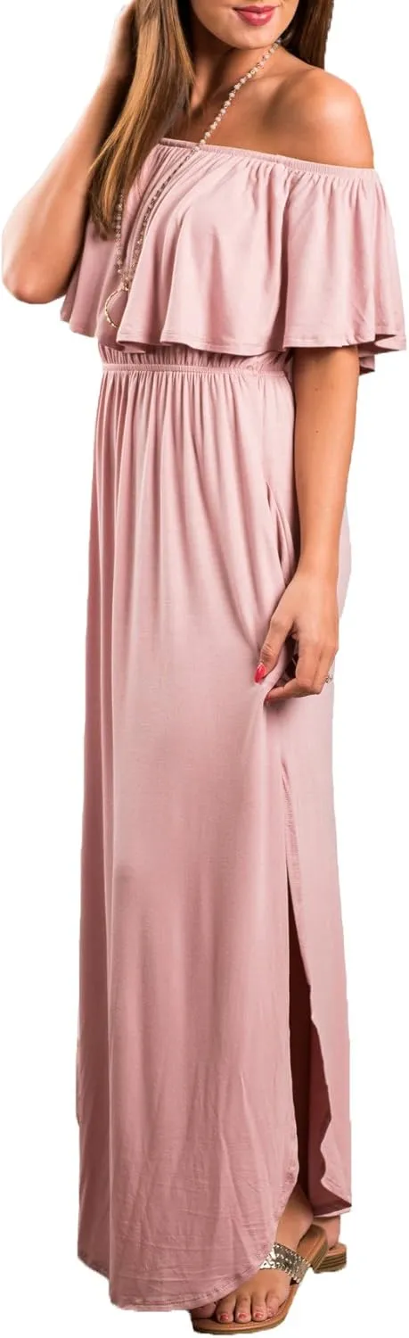 Sarin Mathews Womens Off The Shoulder Ruffle Party Dress Casual Side Split Beach Long Maxi Dresses with Pockets