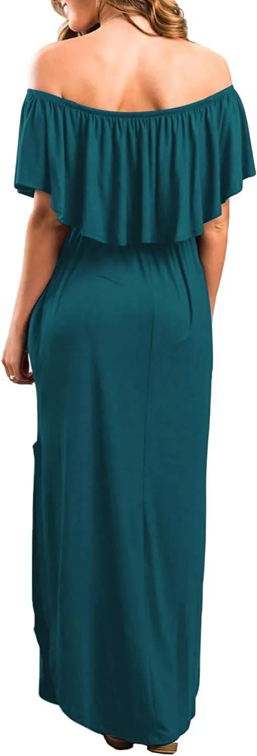 Sarin Mathews Womens Off The Shoulder Ruffle Party Dress Casual Side Split Beach Long Maxi Dresses with Pockets