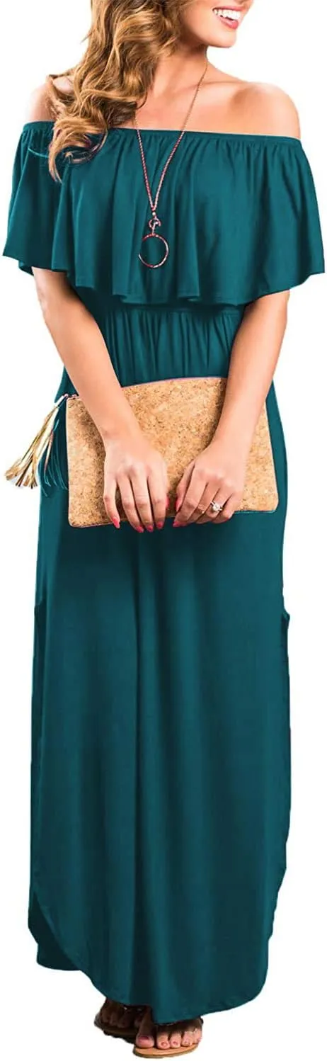 Sarin Mathews Womens Off The Shoulder Ruffle Party Dress Casual Side Split Beach Long Maxi Dresses with Pockets