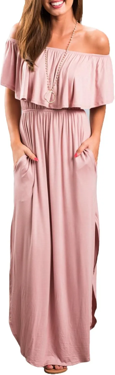 Sarin Mathews Womens Off The Shoulder Ruffle Party Dress Casual Side Split Beach Long Maxi Dresses with Pockets