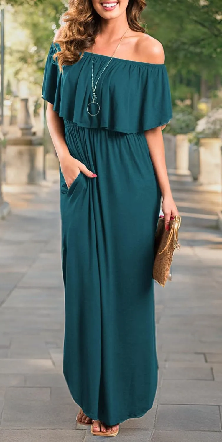 Sarin Mathews Womens Off The Shoulder Ruffle Party Dress Casual Side Split Beach Long Maxi Dresses with Pockets