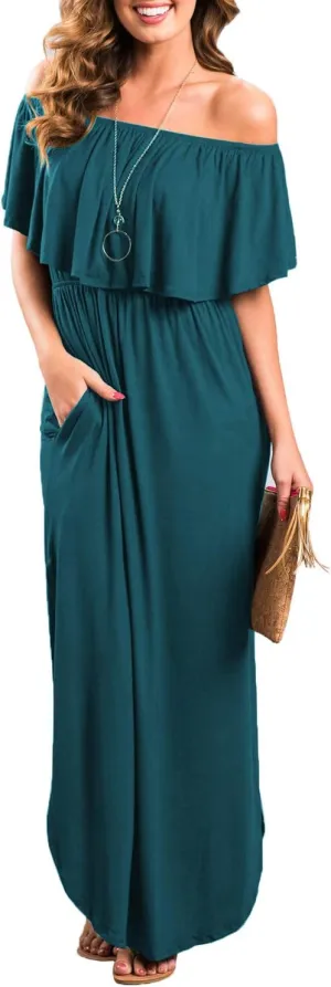 Sarin Mathews Womens Off The Shoulder Ruffle Party Dress Casual Side Split Beach Long Maxi Dresses with Pockets