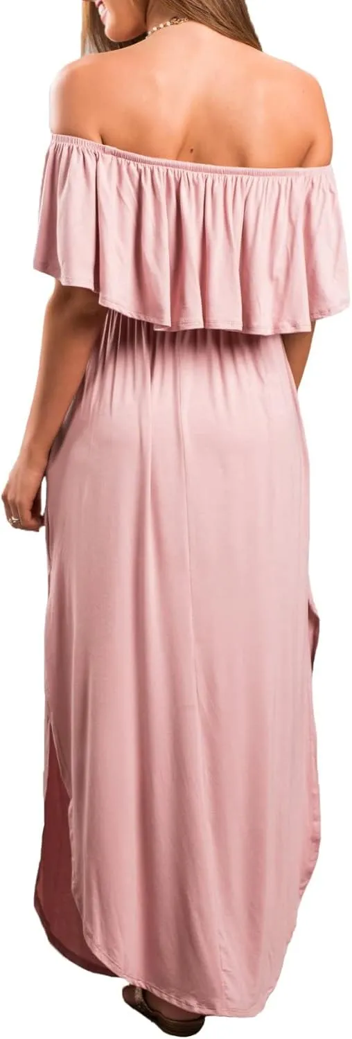 Sarin Mathews Womens Off The Shoulder Ruffle Party Dress Casual Side Split Beach Long Maxi Dresses with Pockets