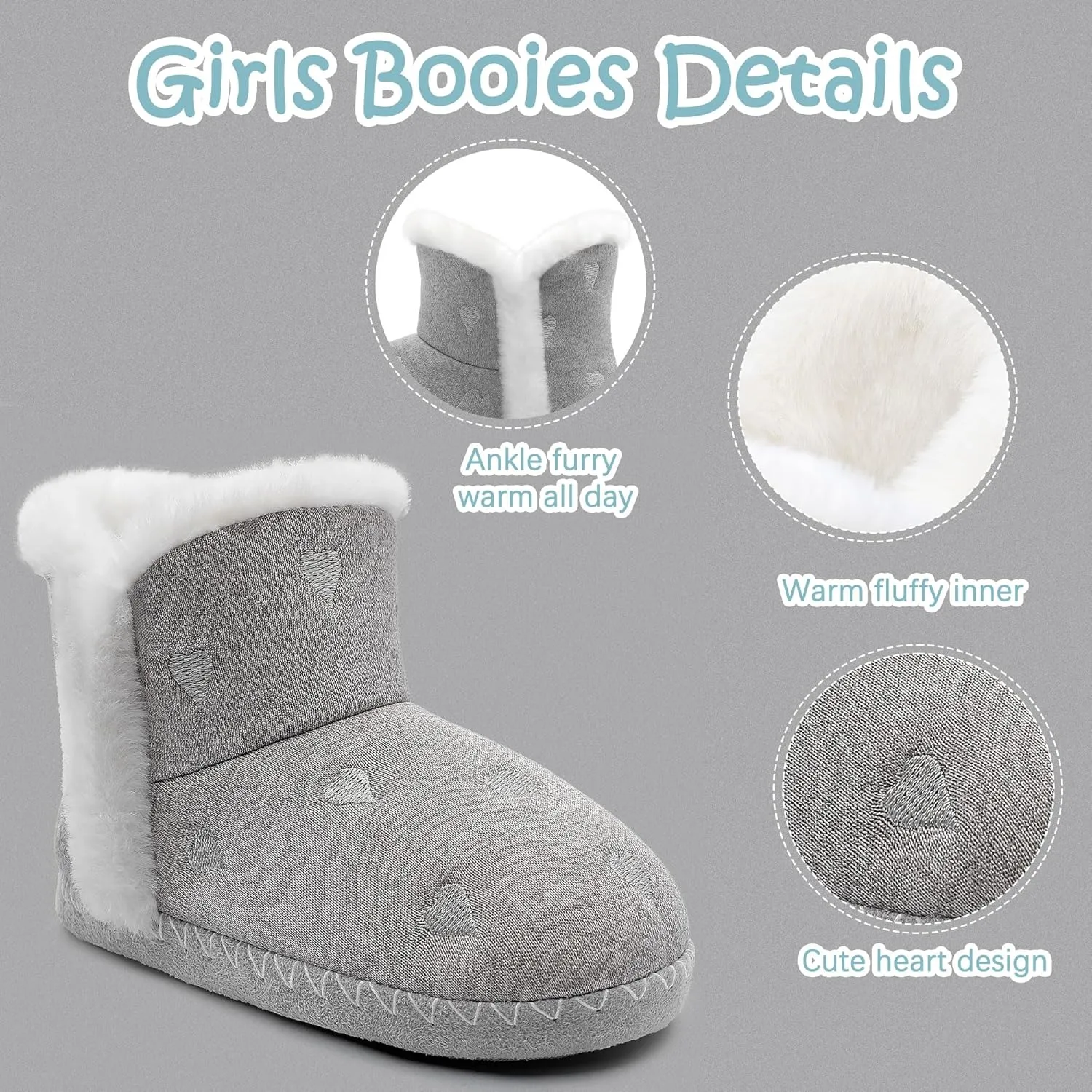 shoeslocker Girls Cute Bootie Slippers, Winter Warm Plush Memory Foam Booties House Shoes for Girls