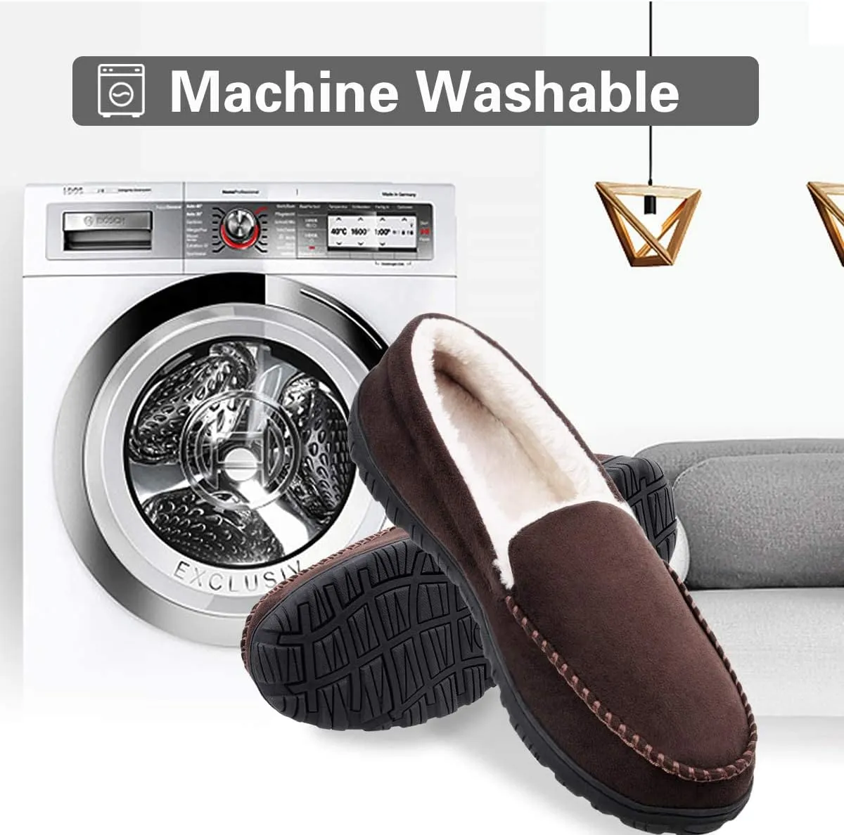 shoeslocker Men's Slippers Warm Soft Plush Memory Foam House Slippers for Men Comfortable Bedroom Moccasin Slippers Non-Slip Indoor Outdoor