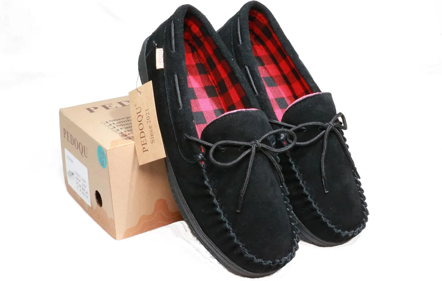 Slippers for Men’s House Shoes Moccasin with Genuine suede Upper Flanel Lining Comfortable Memory Foam Rubber Soles Indoor Outdoor